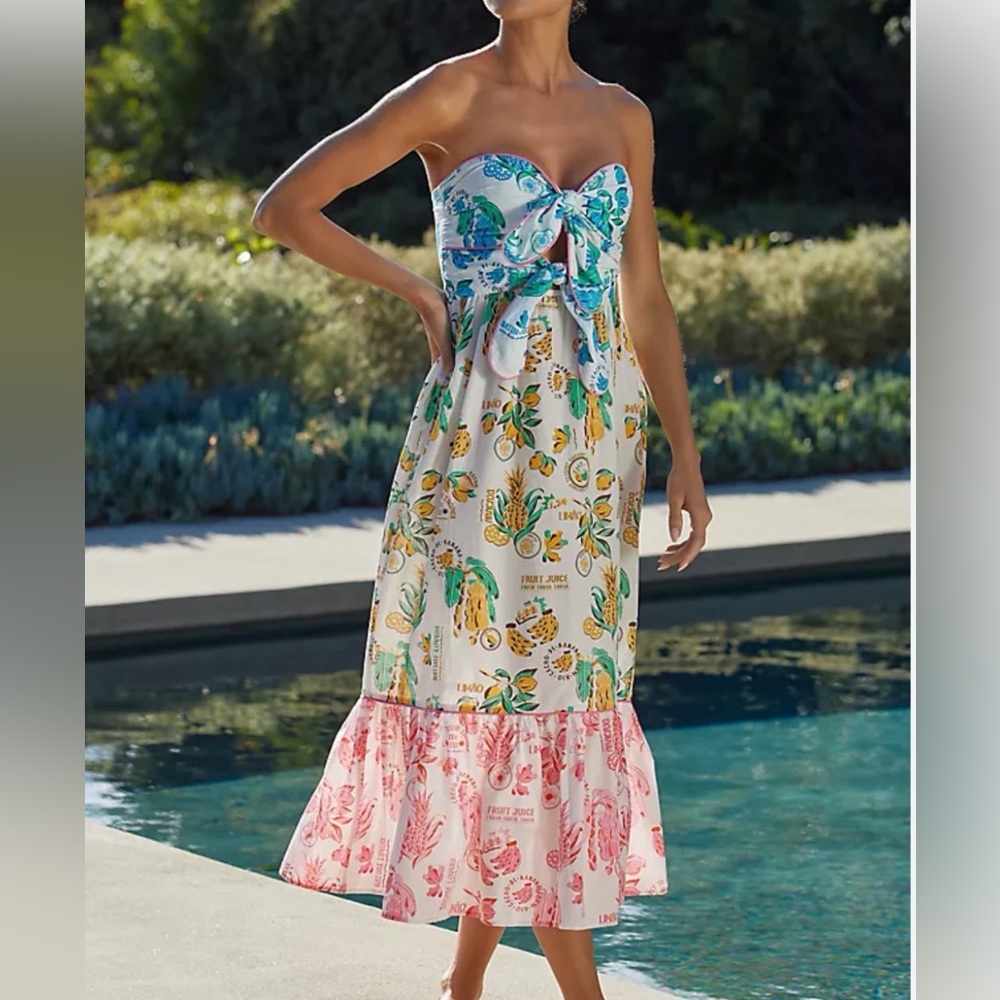 FARM Rio Strapless Tropical Print Midi Dress — White, Green, Blue, Pink